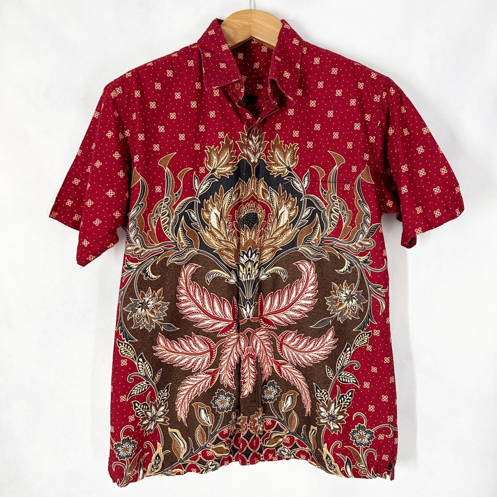 Arthaloka Cotton Short Sleeve Batik Floral Red Slim Fit Button Down Mens Size XL